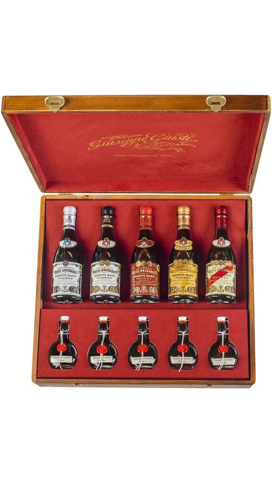Cofanetto in Legno Misto Condimenti - "Lo Scrigno" - 5 bottiglie x 250ml + 5 bottiglie x 40ml - Giuseppe Giusti