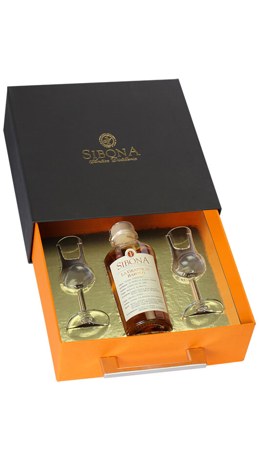 Confezione Regalo Cassetto - Grappa di Barolo con 2 Calici Degustazione - Sibona Bottle of Italy